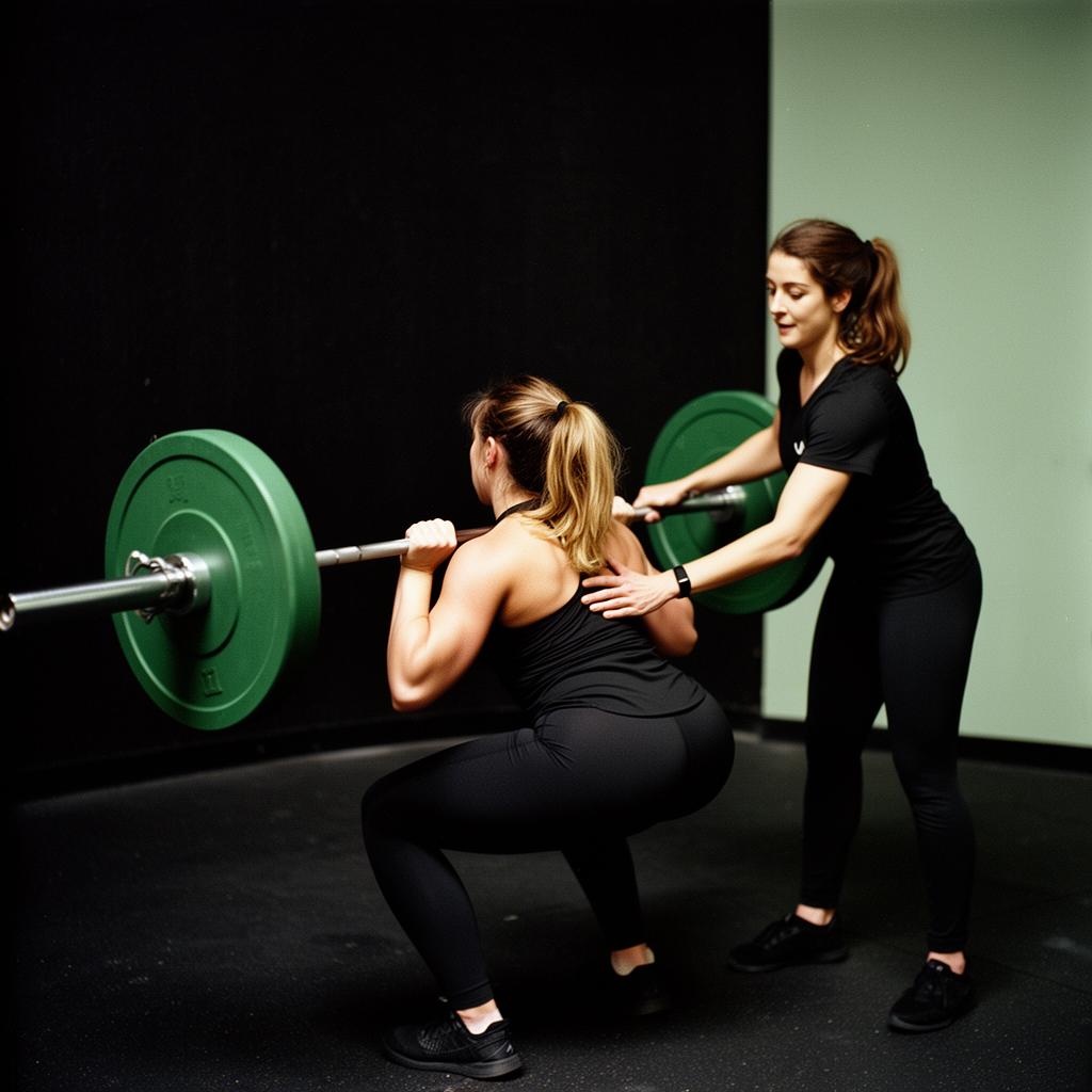 A HER Fit coach spotting a member on a barbell squat
