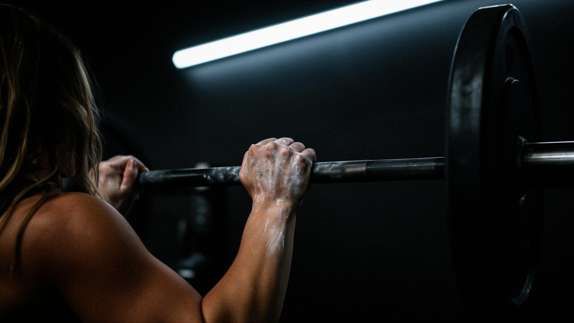 A woman gripping a chalked barbell in warm natural light